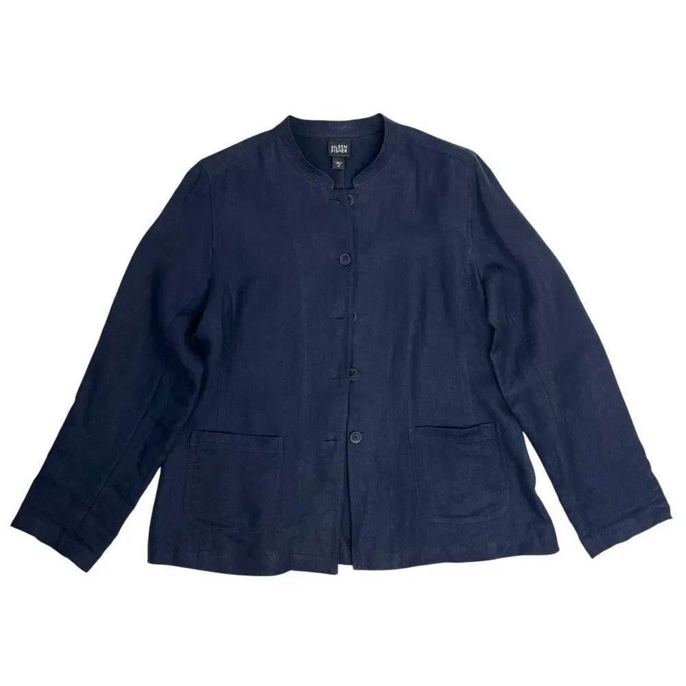Eileen Fisher Womens Linen Mandarin Collar Button Front Coat Navy Blue Medium - Picture 13 of 15